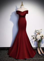 Wine Red Mermaid Off Shouler Evening Dress, Wine Red Long Prom Dress Party Dress
