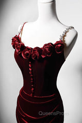 Wine Red Mermaid Straps Beaded Long Formal Dress, Wine Red Evening Dress Evening Prom Dress