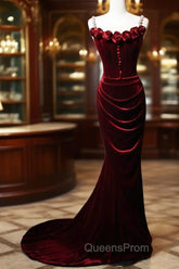 Wine Red Mermaid Straps Beaded Long Formal Dress, Wine Red Evening Dress Evening Prom Dress
