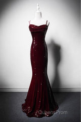 Wine Red Mermaid Straps Long Evening Prom Dress Party Dress, Wine Red Sequins Evening Dress