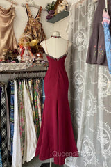 Wine Red Mermaid Straps Sweetheart Party Dress, Wine Red Lace Evening Prom Dress