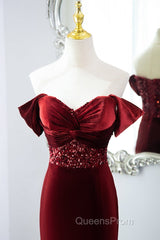 Wine Red Mermaid Velvet Long Party Dress, Wine Red Evening Prom Dress Evening Dress