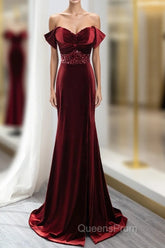 Wine Red Mermaid Velvet Long Party Dress, Wine Red Evening Prom Dress Evening Dress