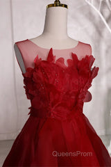 Wine Red Round Neckline A-Line Beaded Party Dress, Wine Red Long Evening Prom Dress