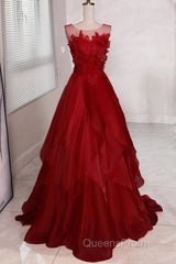 Wine Red Round Neckline A-Line Beaded Party Dress, Wine Red Long Evening Prom Dress