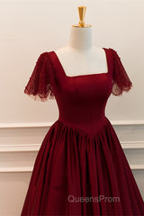 Wine Red Satin A-Line Floor Length Party Dress, Wine Red Evening Dress
