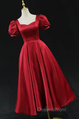 Wine Red Satin Bridesmaid Dress Party Dress, Tea Length Evening Prom Dress