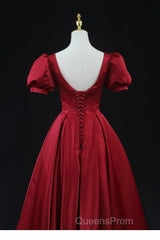 Wine Red Satin Bridesmaid Dress Party Dress, Tea Length Evening Prom Dress