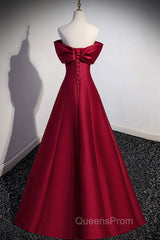 Wine Red Satin Long Party Dress, A-Line Wine Red Satin Evening Prom Dress