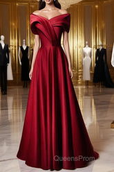 Wine Red Satin Off Shoulder A-Line Party Dress, Wine Red Long Formal Dress Evening Prom Dress