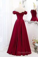 Wine Red Satin Off Shoulder Beaded Long Formal Dress, Wine Red A-Line Evening Prom Dress