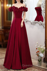 Wine Red Satin Off Shoulder Beaded Long Formal Dress, Wine Red A-Line Evening Prom Dress