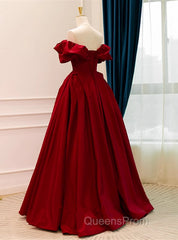 Wine Red Satin Off Shoulder Chic Long Party Dress, Wine Red Sweetheart Evening Prom Dress