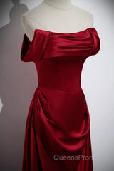 Wine Red Satin Off Shoulder Long Party Dress, A-Line Satin Evening Prom Dress