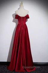 Wine Red Satin Off Shoulder Long Party Dress, A-Line Satin Evening Prom Dress