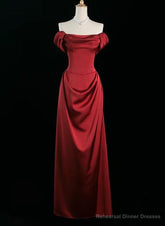 Wine Red Satin Off Shoulder Long Party Dress, Wine Red Satin Prom Dress