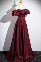 Wine Red Satin Off Shoulder Long Party Dress, Wine Red Satin Evening Prom Dress