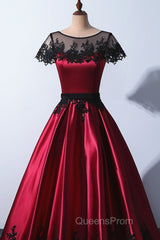 Wine Red Satin Round Neckline With Black Lace Party Dress, Wine Red Evening Prom Dress