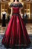 Wine Red Satin Round Neckline With Black Lace Party Dress, Wine Red Evening Prom Dress