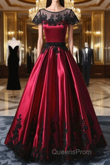 Wine Red Satin Round Neckline With Black Lace Party Dress, Wine Red Evening Prom Dress
