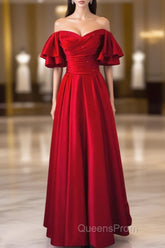 Wine Red Satin Short Sleeves Long Party Dress, Wine Red Satin Evening Prom Dress