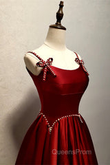 Wine Red Satin Straps Beaded Long Party Dress, Wine Red A-Line Evening Prom Dress