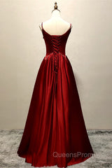 Wine Red Satin Straps Beaded Long Party Dress, Wine Red A-Line Evening Prom Dress