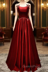 Wine Red Satin Straps Beaded Long Party Dress, Wine Red A-Line Evening Prom Dress