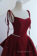 Wine Red Satin Straps Long Party Dress, Wine Red Floor Length Formal Dress Evening Prom Dress