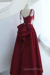 Wine Red Satin Straps Long Party Dress, Wine Red Floor Length Formal Dress Evening Prom Dress
