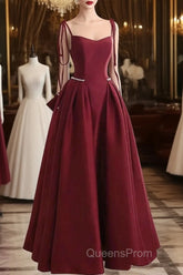 Wine Red Satin Straps Long Party Dress, Wine Red Floor Length Formal Dress Evening Prom Dress