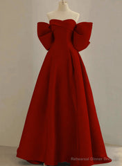 Wine Red Satin Sweetheart Long A-Line Prom Dress, Wine Red Evening Dress