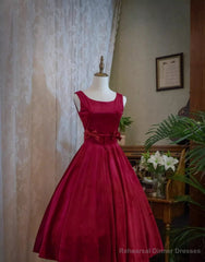 Wine Red Satin Tea Length Party Dress with Bow, Wine Red Wedding Party Dress