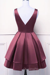 Wine Red Satin V-Neckline Short Party Dress, Wine Red Homecoming Dress
