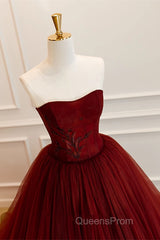 Wine Red Scoop Sweetheart Tulle Ball Gown Evening Prom Dress, Wine Red Tulle Evening Dress