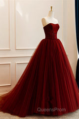 Wine Red Scoop Sweetheart Tulle Ball Gown Evening Prom Dress, Wine Red Tulle Evening Dress