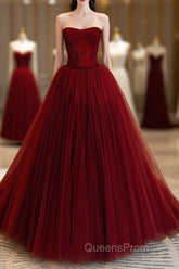 Wine Red Scoop Sweetheart Tulle Ball Gown Evening Prom Dress, Wine Red Tulle Evening Dress