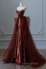 Wine Red Sequins And Tulle Long Formal Dress, Wine Red Evening Prom Dress