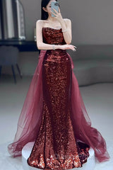 Wine Red Sequins Long Party Dress With Tulle, Wine Red Long Formal Dress Evening Prom Dress