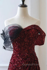 Wine Red Sequins Off Shoulder Long Party Dress, A-Line Sequins Evening Prom Dress