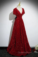 Wine Red Sequins V-Neckline Short Sleeves Party Dress, Wine Red Evening Dress