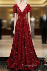 Wine Red Sequins V-Neckline Short Sleeves Party Dress, Wine Red Evening Dress