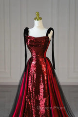 Wine Red Sequins With Black Tulle Straps Long Party Dress, Wine Red Sequins Evening Prom Dress