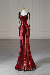 Wine Red Sequins With Black Tulle Straps Long Party Dress, Wine Red Sequins Evening Prom Dress