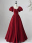 Wine Red Short Sleeves A-line Floor Length Party Dress, Long Prom Dress