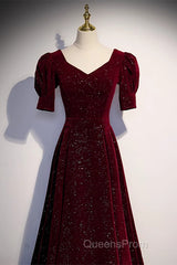 Wine Red Short Sleeves Velvet Long Formal Dress, Wine Red Evening Dress Evening Prom Dress