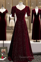 Wine Red Short Sleeves Velvet Long Formal Dress, Wine Red Evening Dress Evening Prom Dress