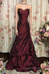 Wine Red Strapless Long Taffeta Sweet 16 Dress, Wine Red Sweetheart Evening Prom Dress Formal Gown