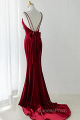 Wine Red Straps Low Back Mermaid Long Party Dress, Wine Red Evening Dress