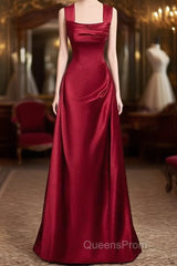 Wine Red Straps Satin Scoop Floor Length Evening Prom Dress, Wine Red Long Evening Dress